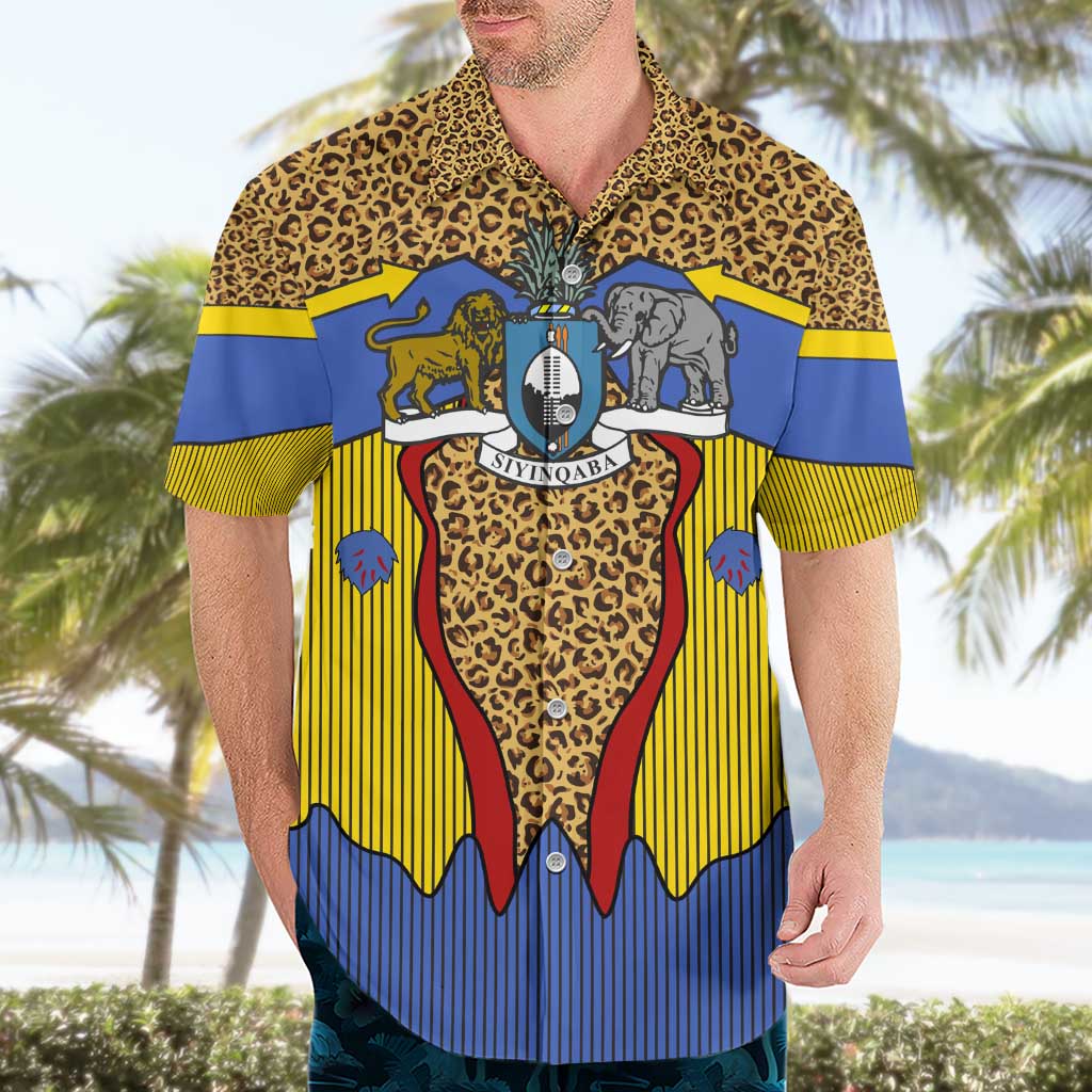 Swaziland Hawaiian Shirt Coat of Arms Lion Elephant Shield Leopard Print Design