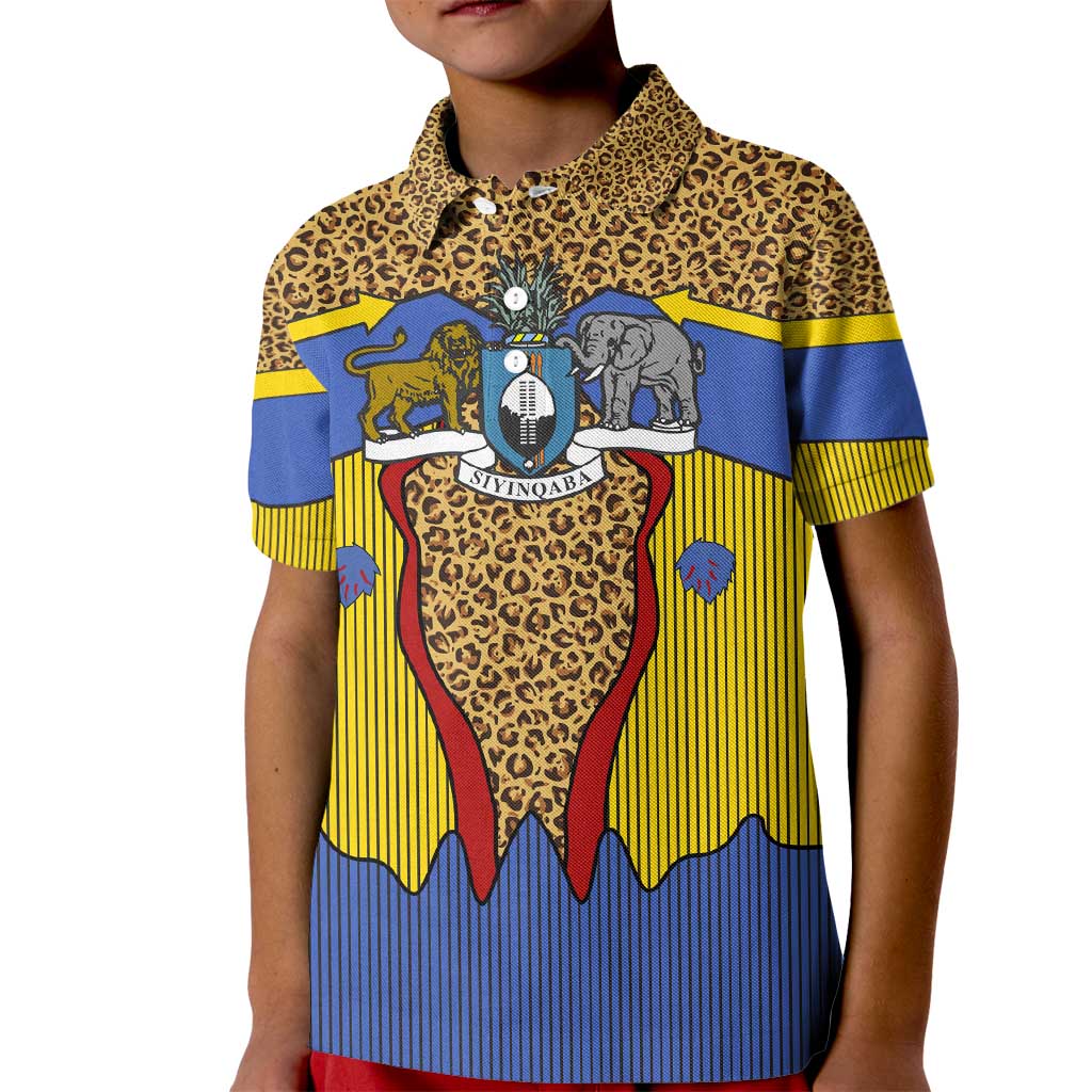 Swaziland Kid Polo Shirt Coat of Arms Lion Elephant Shield Leopard Print Design