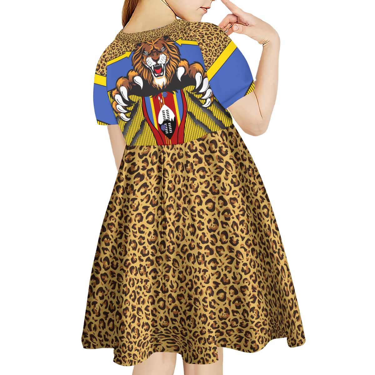 Swaziland Kid Short Sleeve Dress Coat of Arms Lion Elephant Shield Leopard Print Design