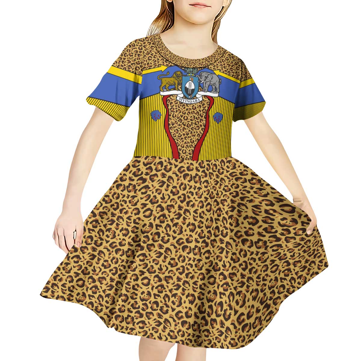 Swaziland Kid Short Sleeve Dress Coat of Arms Lion Elephant Shield Leopard Print Design