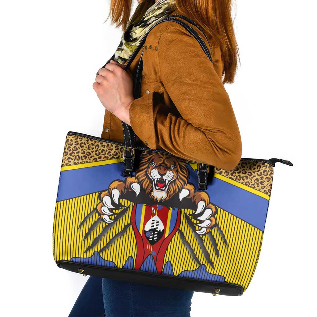 Swaziland Leather Tote Bag Coat of Arms Lion Elephant Shield Leopard Print Design