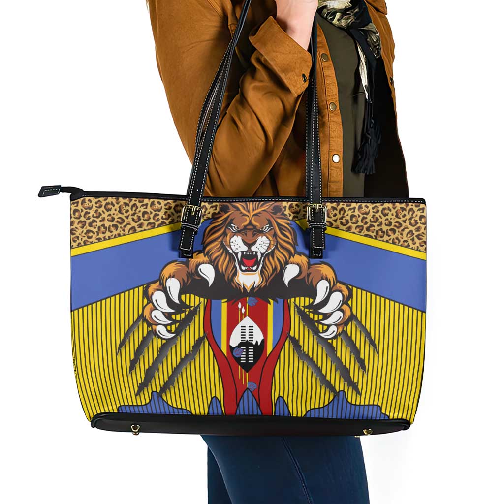 Swaziland Leather Tote Bag Coat of Arms Lion Elephant Shield Leopard Print Design