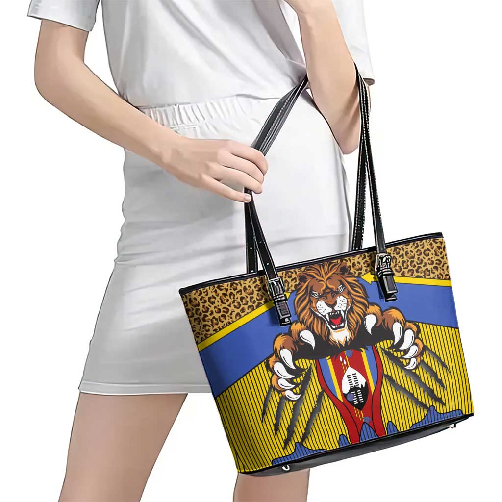 Swaziland Leather Tote Bag Coat of Arms Lion Elephant Shield Leopard Print Design
