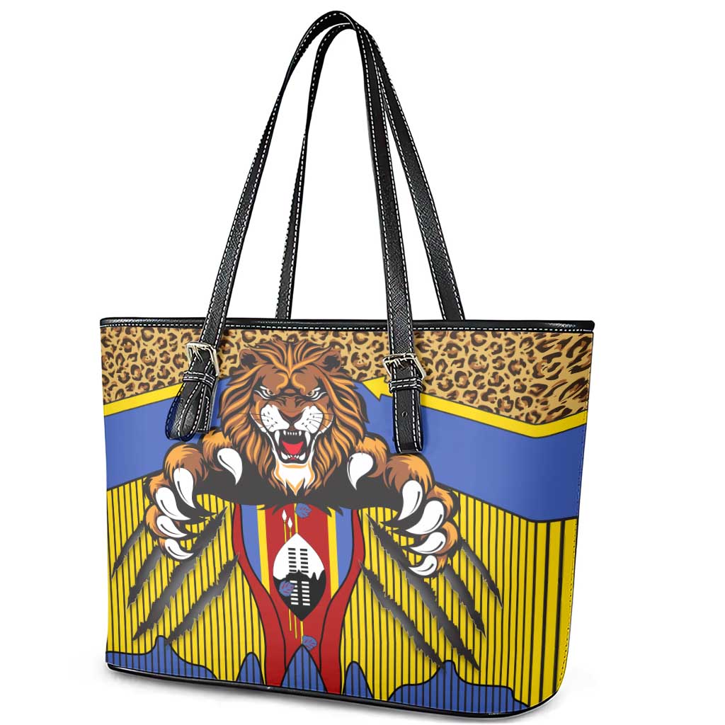 Swaziland Leather Tote Bag Coat of Arms Lion Elephant Shield Leopard Print Design
