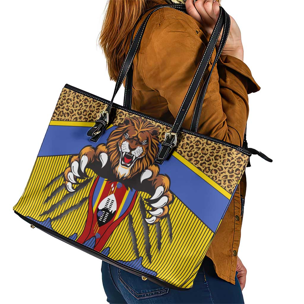 Swaziland Leather Tote Bag Coat of Arms Lion Elephant Shield Leopard Print Design