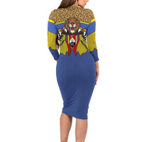 Swaziland Long Sleeve Bodycon Dress Coat of Arms Lion Elephant Shield Leopard Print Design