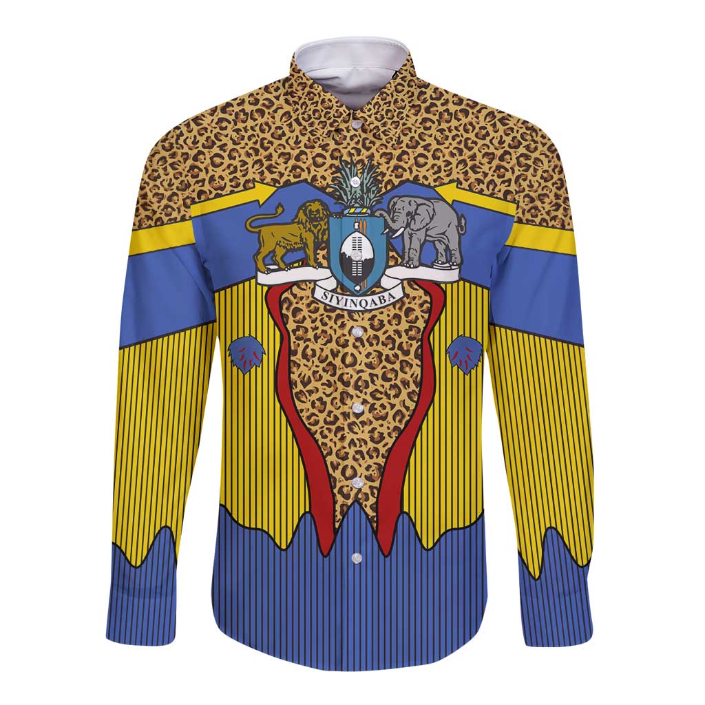 Swaziland Long Sleeve Button Shirt Coat of Arms Lion Elephant Shield Leopard Print Design
