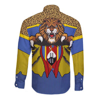 Swaziland Long Sleeve Button Shirt Coat of Arms Lion Elephant Shield Leopard Print Design