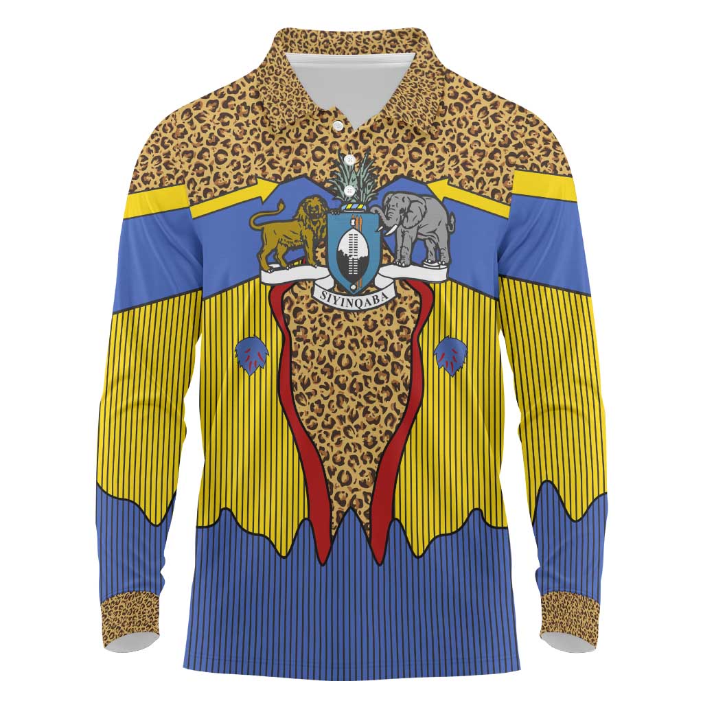 Swaziland Long Sleeve Polo Shirt Coat of Arms Lion Elephant Shield Leopard Print Design