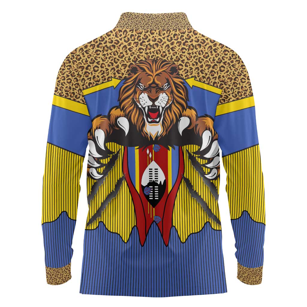 Swaziland Long Sleeve Polo Shirt Coat of Arms Lion Elephant Shield Leopard Print Design