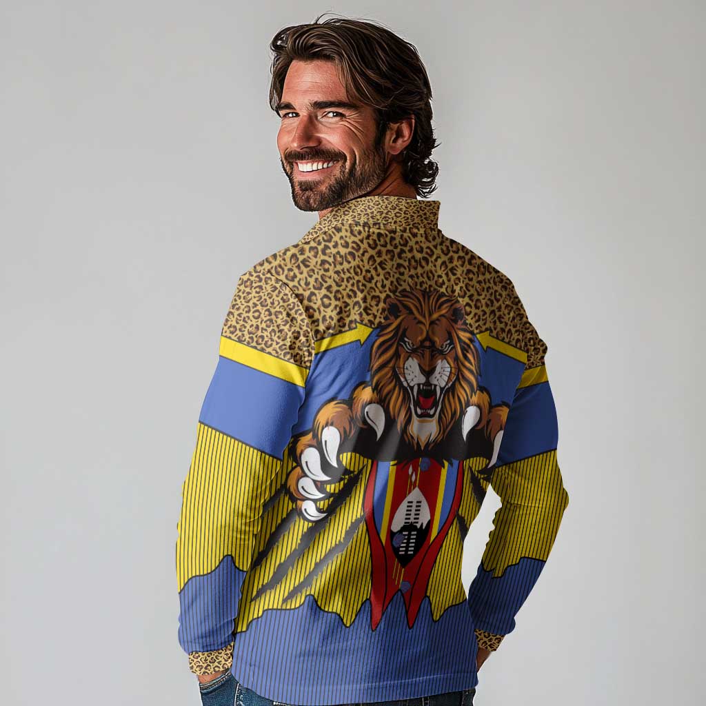 Swaziland Long Sleeve Polo Shirt Coat of Arms Lion Elephant Shield Leopard Print Design