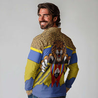 Swaziland Long Sleeve Polo Shirt Coat of Arms Lion Elephant Shield Leopard Print Design