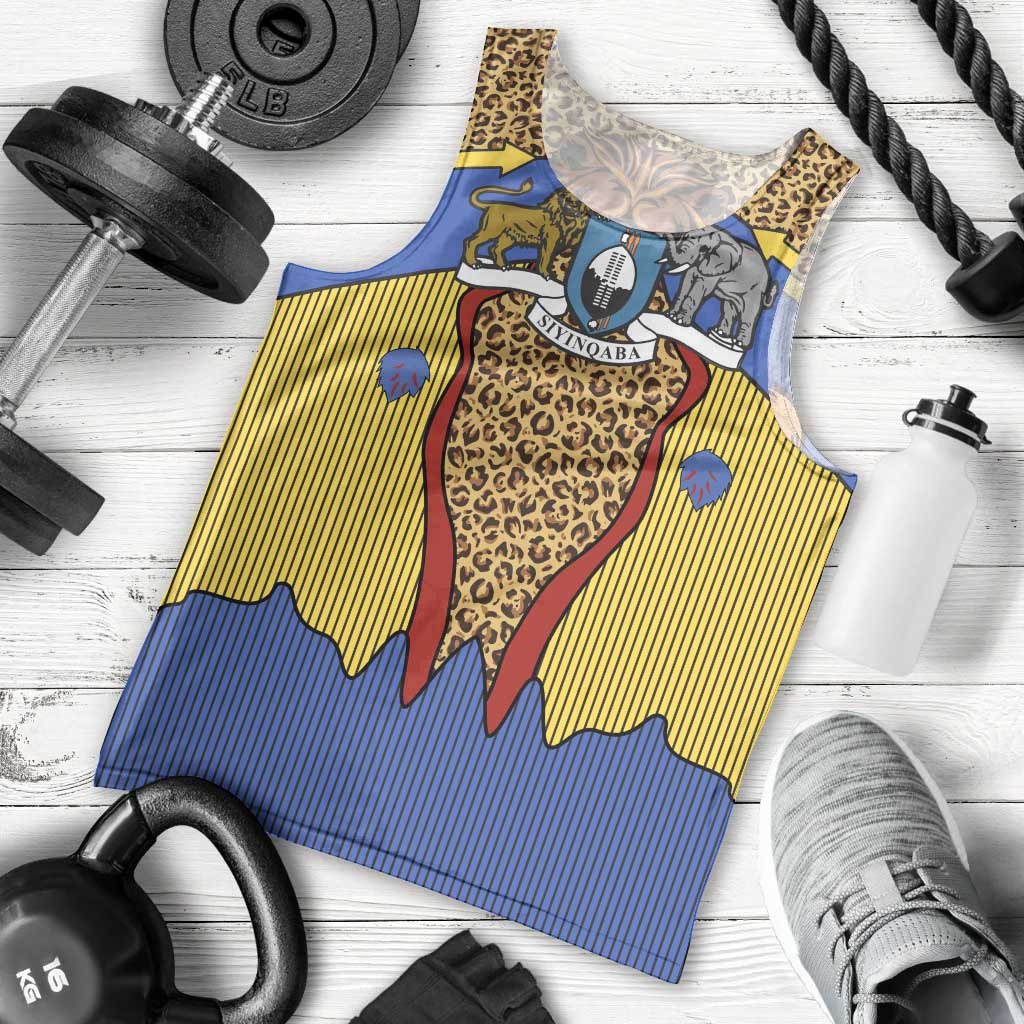 Swaziland Men Tank Top Coat of Arms Lion Elephant Shield Leopard Print Design