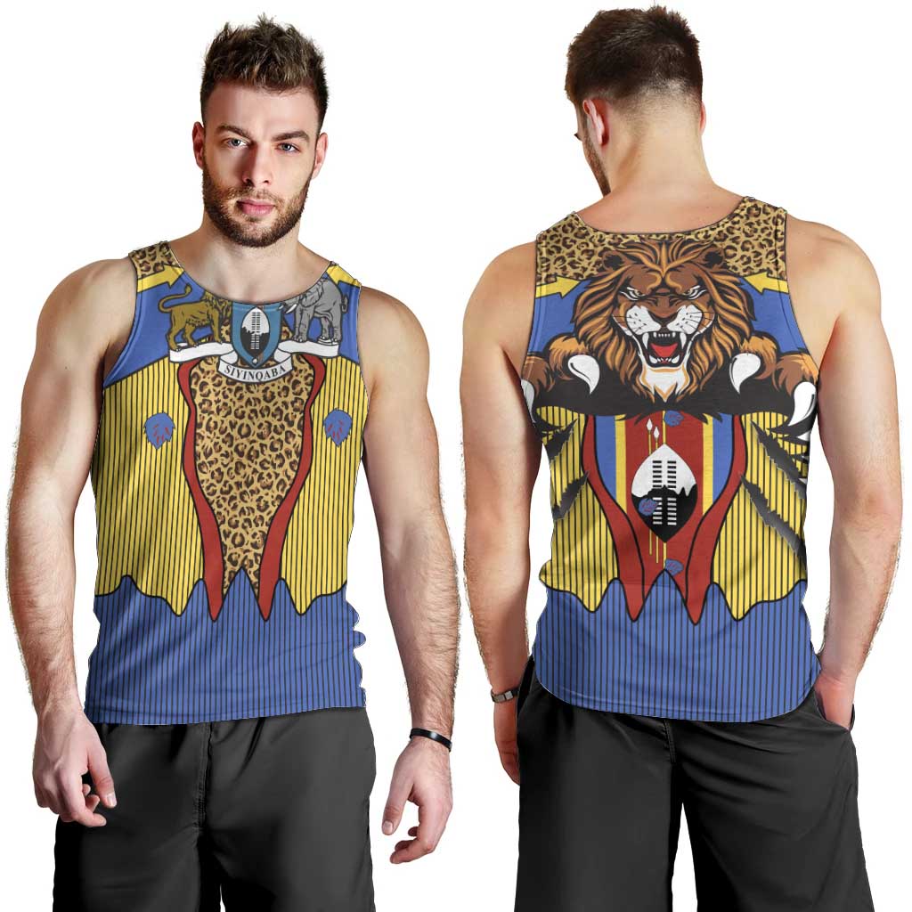 Swaziland Men Tank Top Coat of Arms Lion Elephant Shield Leopard Print Design