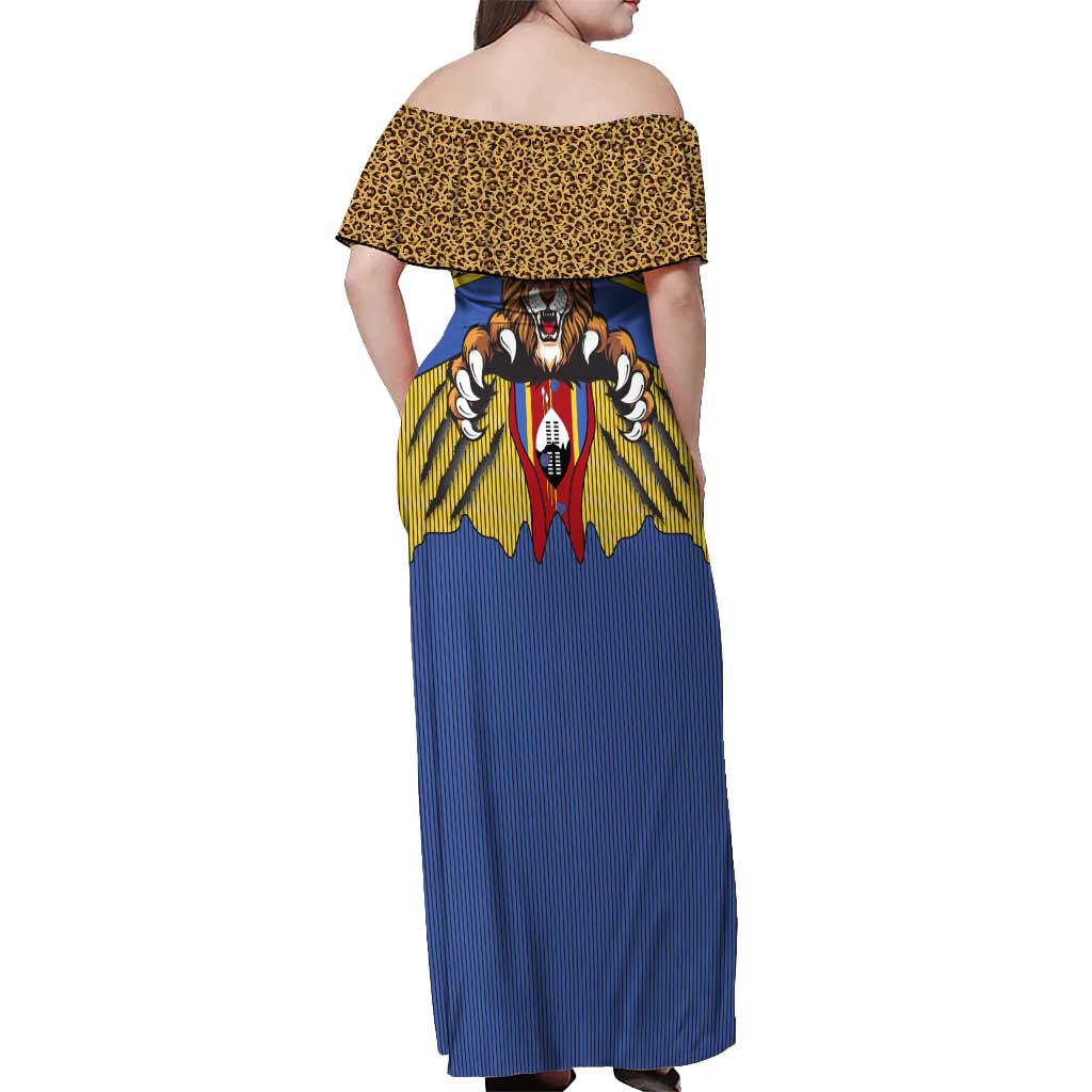 Swaziland Off Shoulder Maxi Dress Coat of Arms Lion Elephant Shield Leopard Print Design