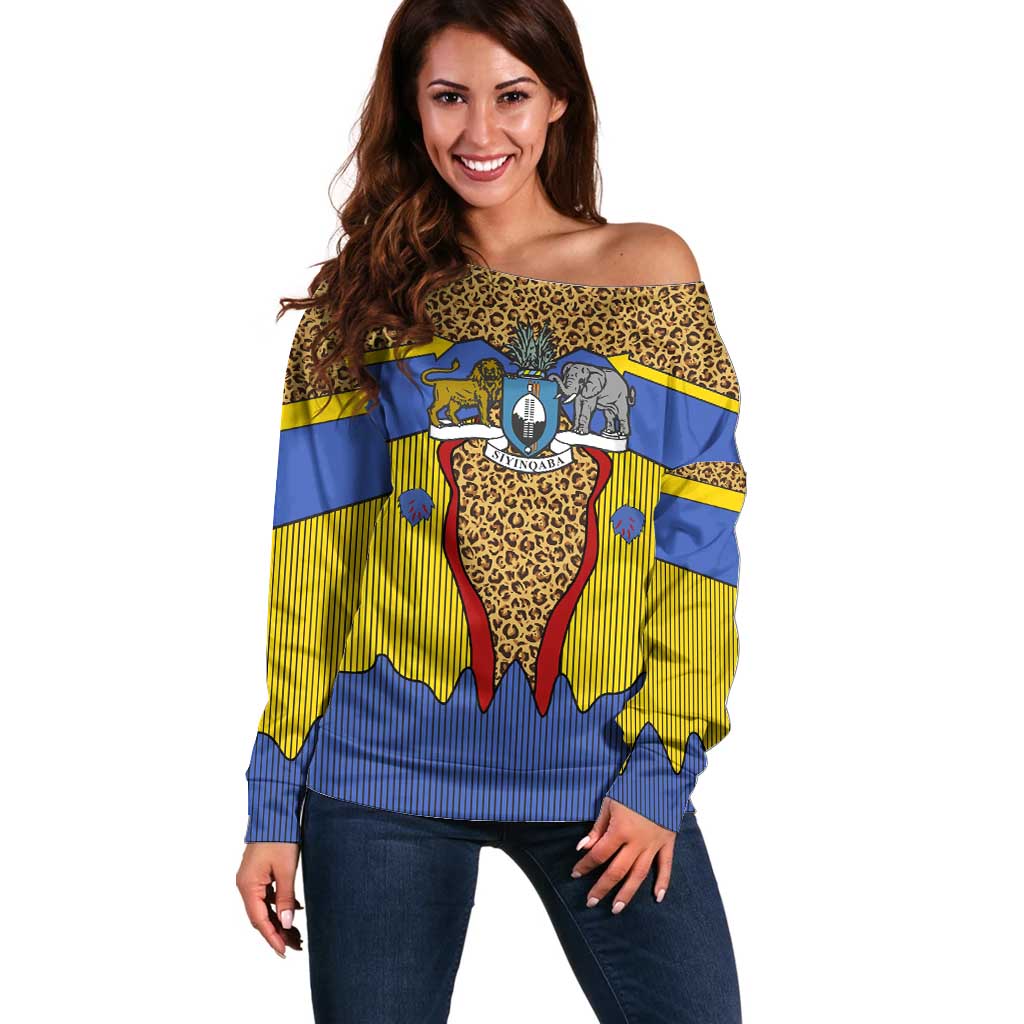 Swaziland Off Shoulder Sweater Coat of Arms Lion Elephant Shield Leopard Print Design