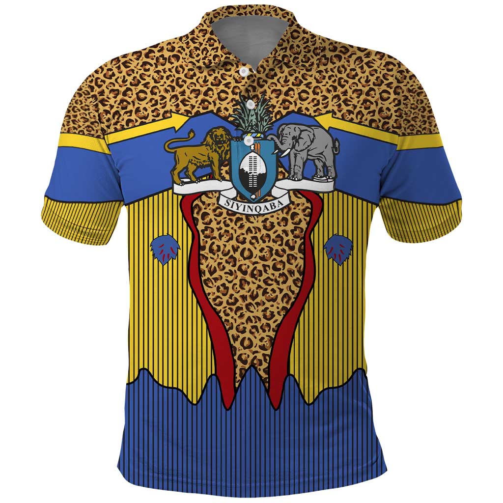 Swaziland Polo Shirt Coat of Arms Lion Elephant Shield Leopard Print Design