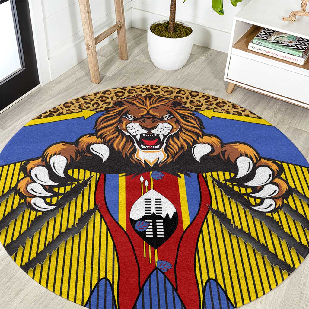Swaziland Round Carpet Coat of Arms Lion Elephant Shield Leopard Print Design