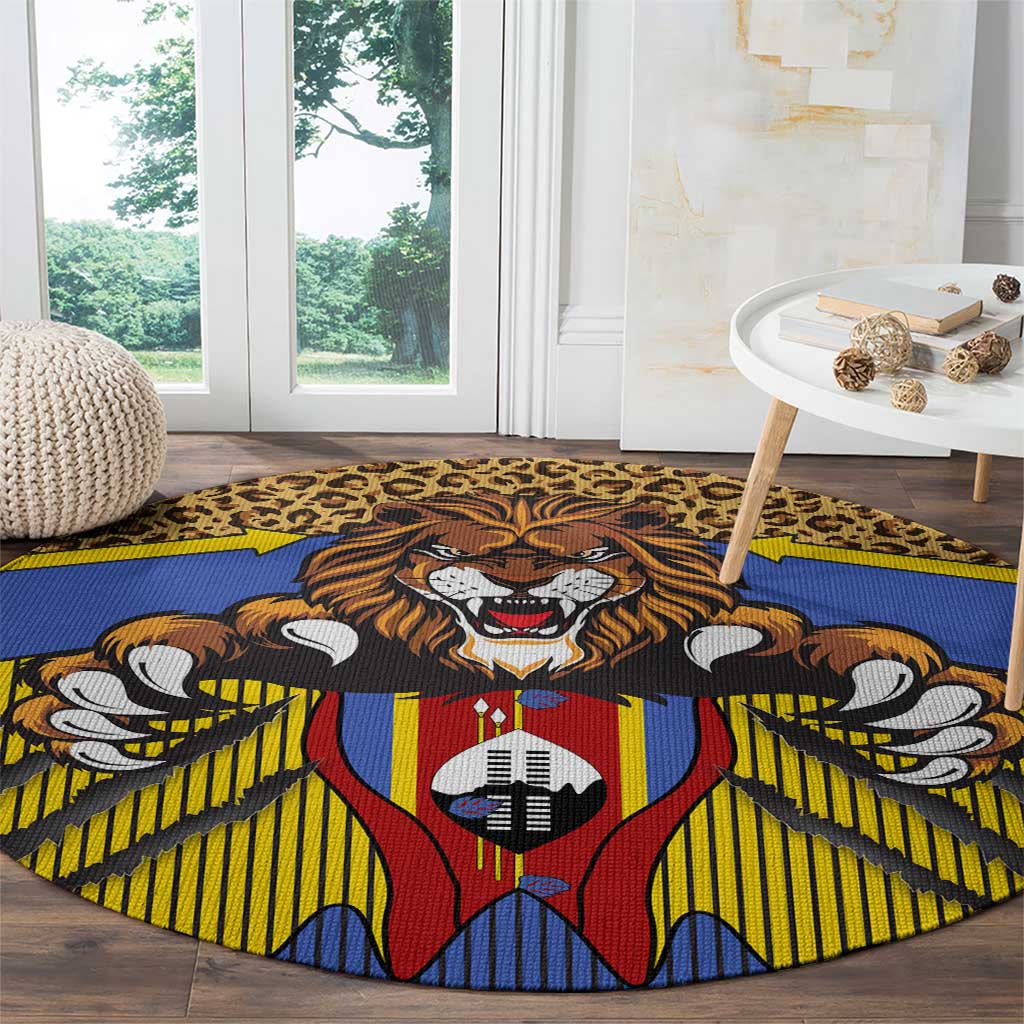 Swaziland Round Carpet Coat of Arms Lion Elephant Shield Leopard Print Design
