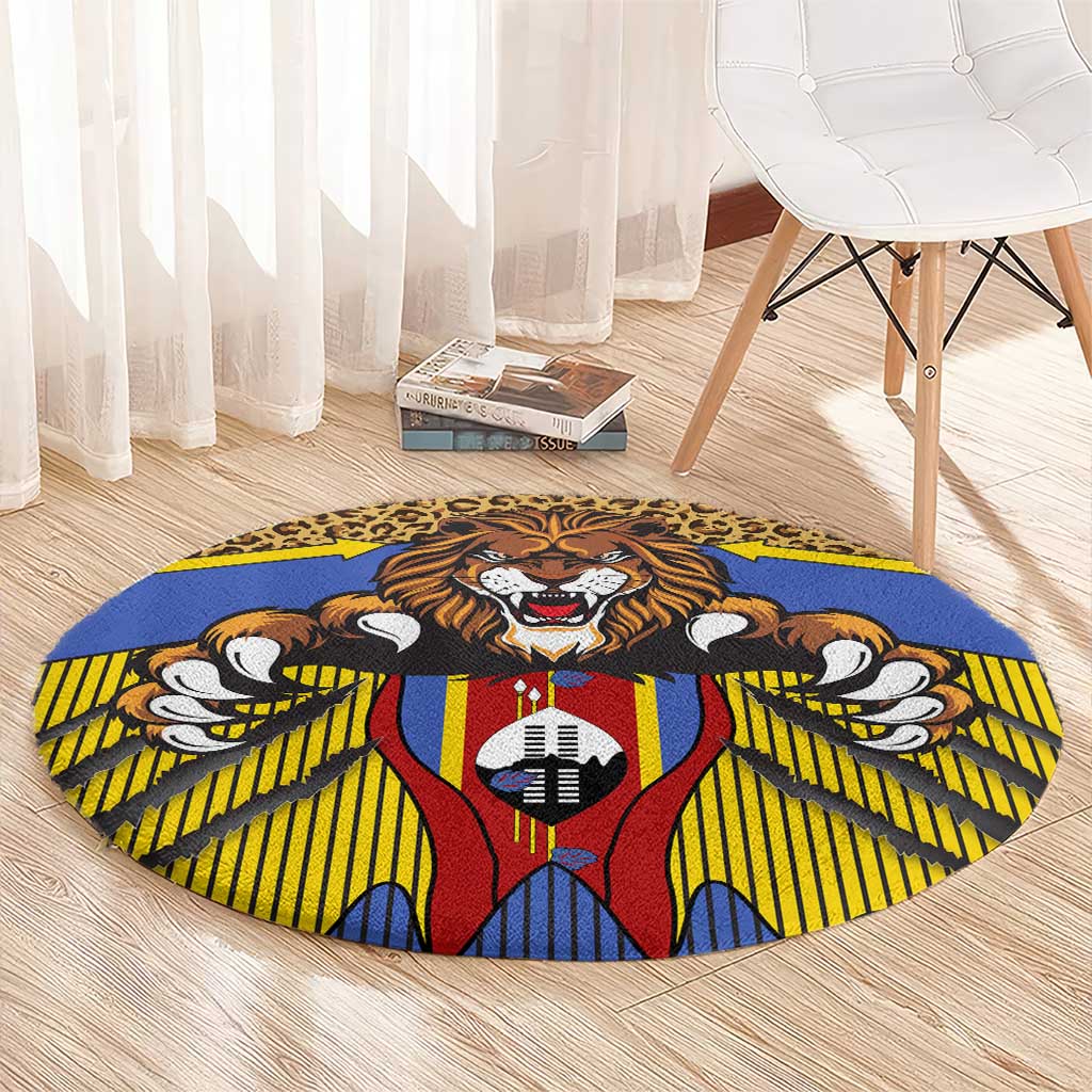 Swaziland Round Carpet Coat of Arms Lion Elephant Shield Leopard Print Design