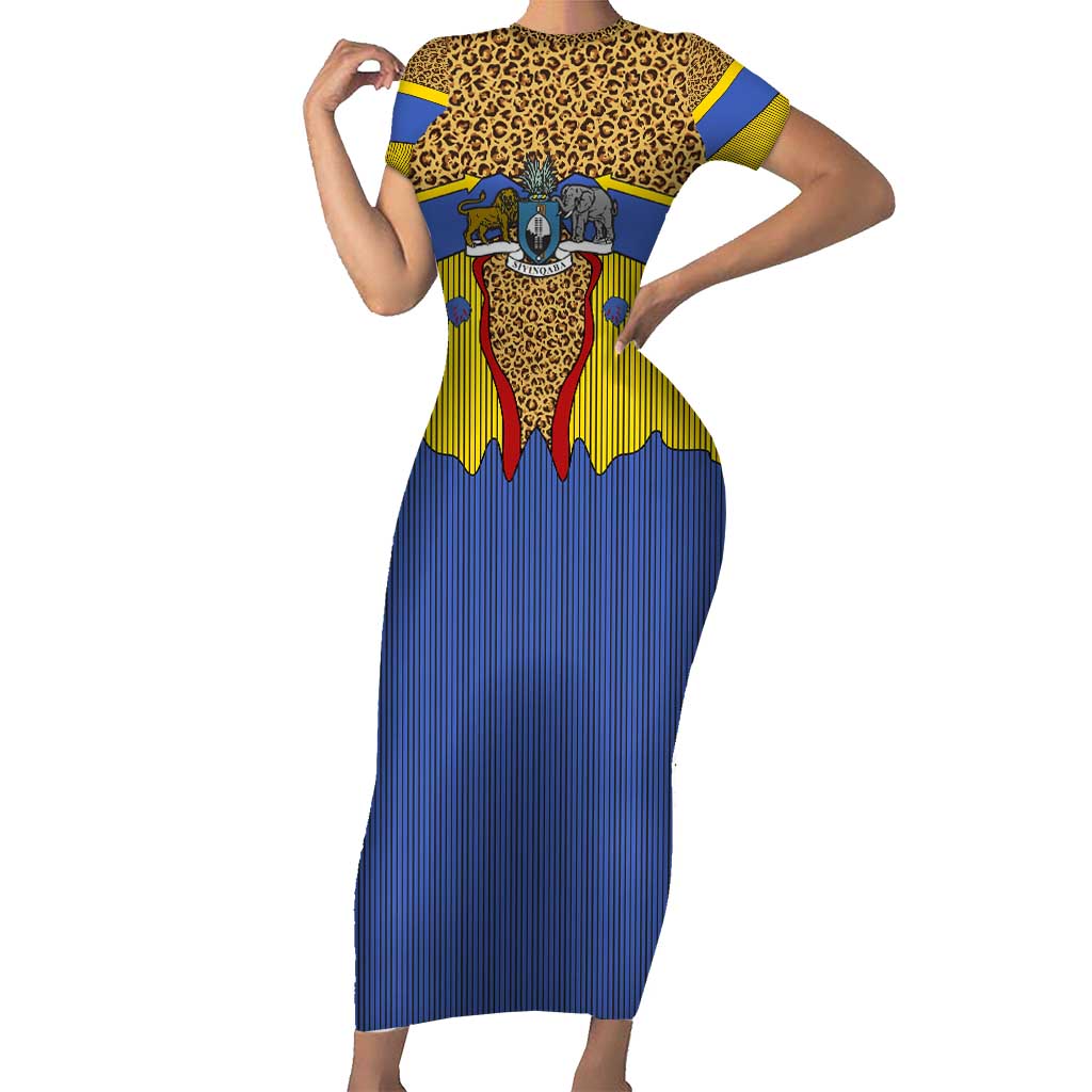 Swaziland Short Sleeve Bodycon Dress Coat of Arms Lion Elephant Shield Leopard Print Design