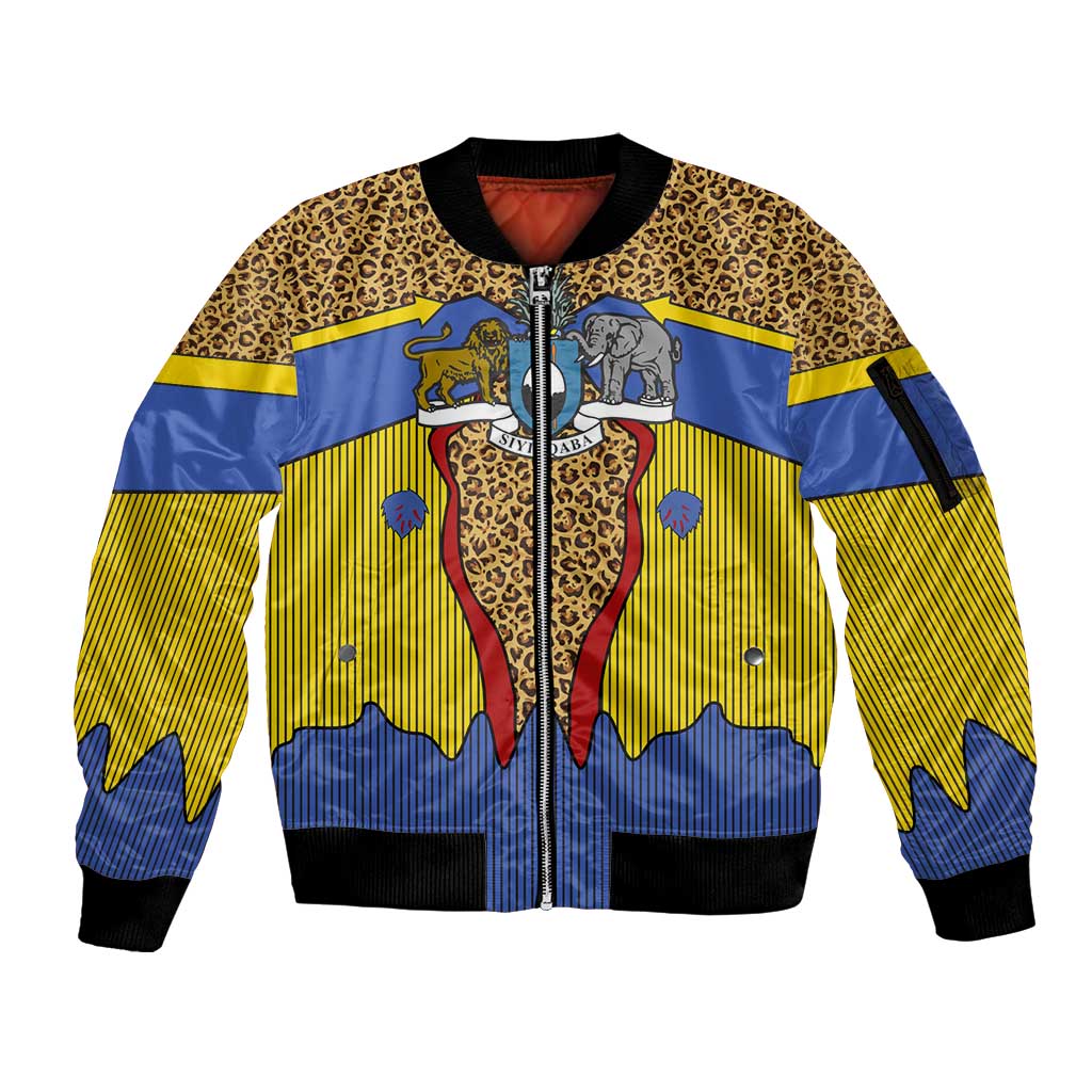 Swaziland Sleeve Zip Bomber Jacket Coat of Arms Lion Elephant Shield Leopard Print Design