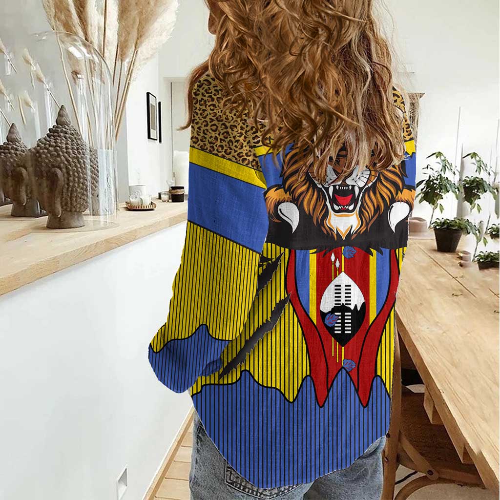 Swaziland Women Casual Shirt Coat of Arms Lion Elephant Shield Leopard Print Design