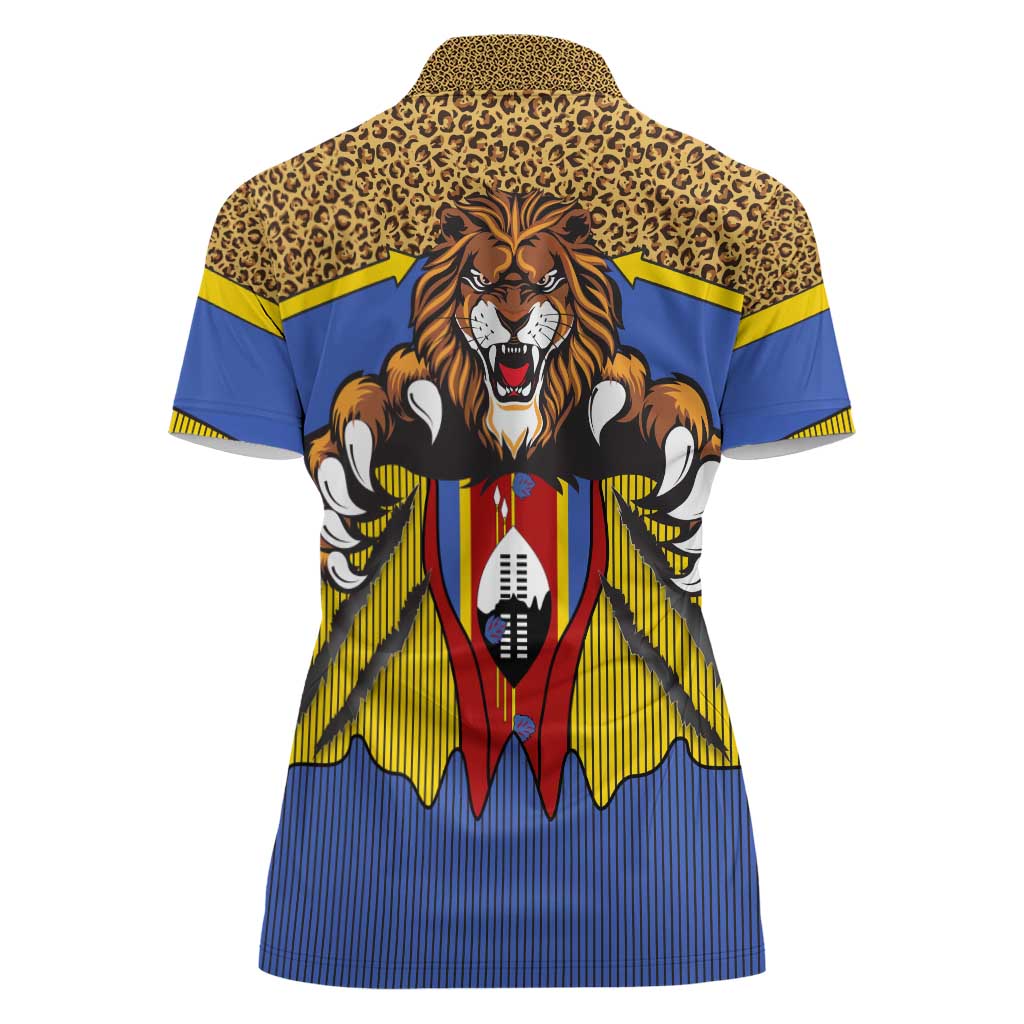 Swaziland Women Polo Shirt Coat of Arms Lion Elephant Shield Leopard Print Design