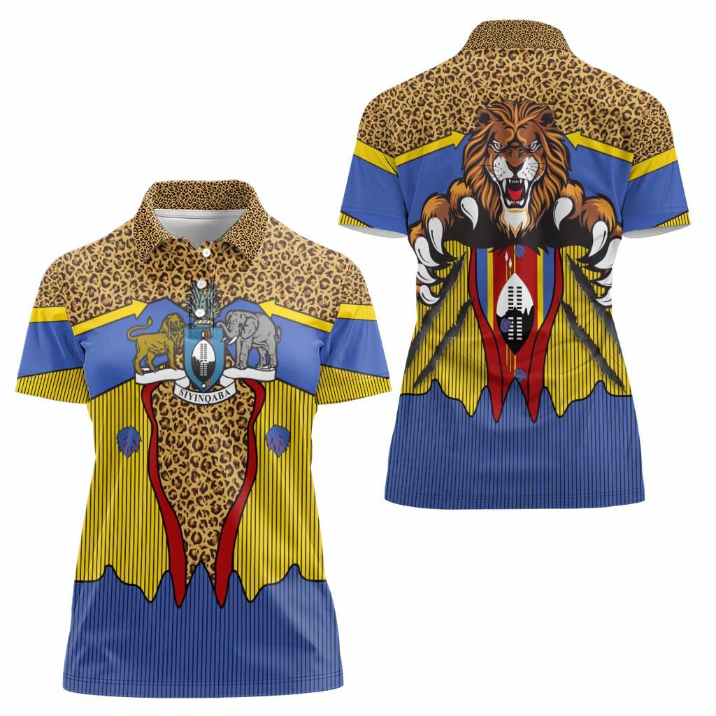 Swaziland Women Polo Shirt Coat of Arms Lion Elephant Shield Leopard Print Design