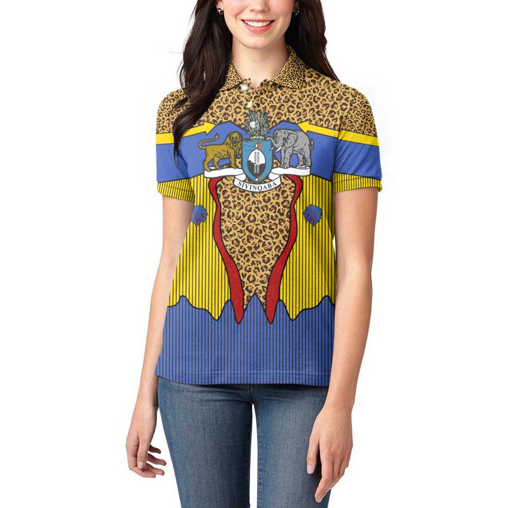 Swaziland Women Polo Shirt Coat of Arms Lion Elephant Shield Leopard Print Design