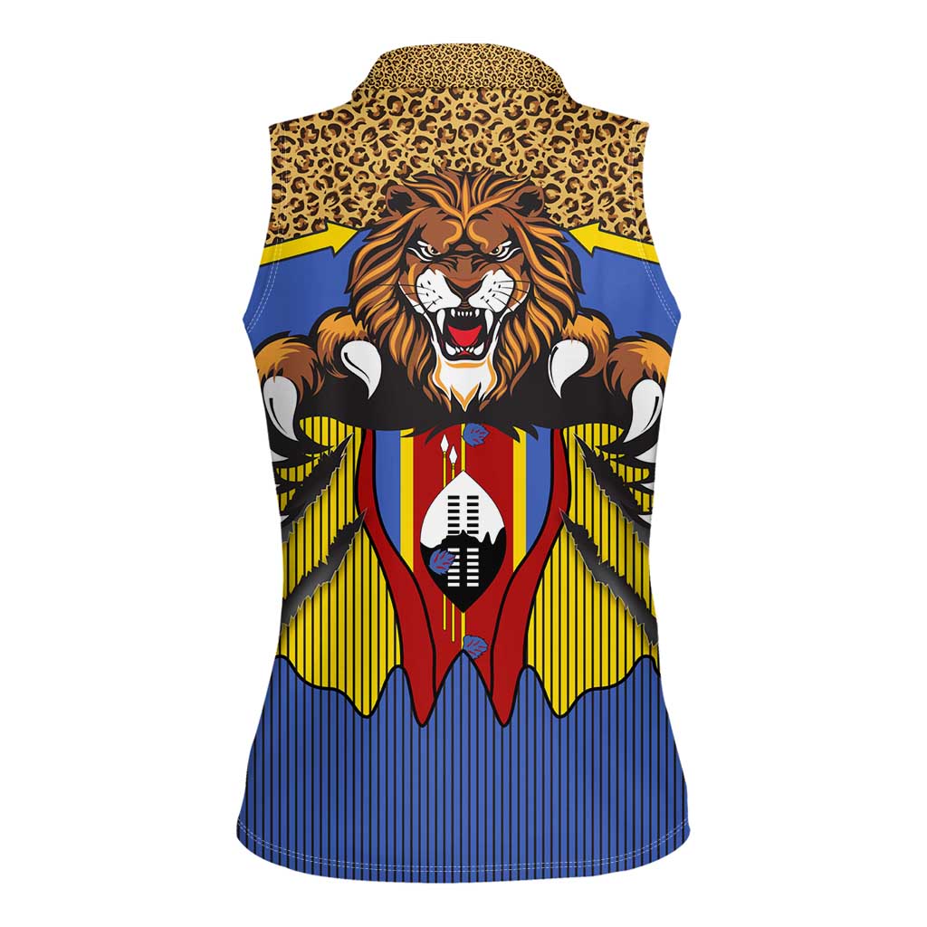 Swaziland Women Sleeveless Polo Shirt Coat of Arms Lion Elephant Shield Leopard Print Design