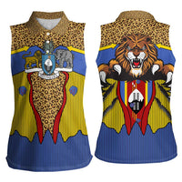 Swaziland Women Sleeveless Polo Shirt Coat of Arms Lion Elephant Shield Leopard Print Design