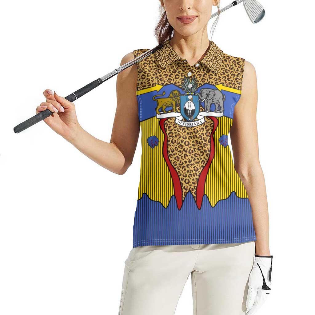 Swaziland Women Sleeveless Polo Shirt Coat of Arms Lion Elephant Shield Leopard Print Design