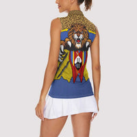 Swaziland Women Sleeveless Polo Shirt Coat of Arms Lion Elephant Shield Leopard Print Design