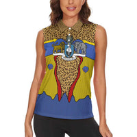 Swaziland Women Sleeveless Polo Shirt Coat of Arms Lion Elephant Shield Leopard Print Design