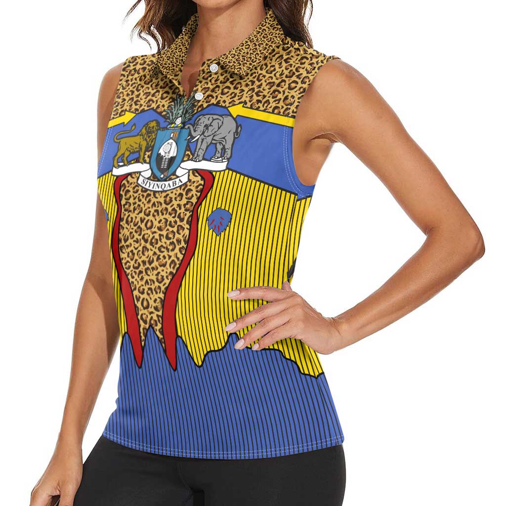 Swaziland Women Sleeveless Polo Shirt Coat of Arms Lion Elephant Shield Leopard Print Design