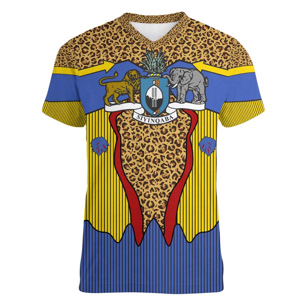 Swaziland Women V-Neck T-Shirt Coat of Arms Lion Elephant Shield Leopard Print Design