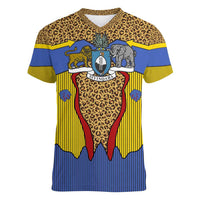 Swaziland Women V-Neck T-Shirt Coat of Arms Lion Elephant Shield Leopard Print Design