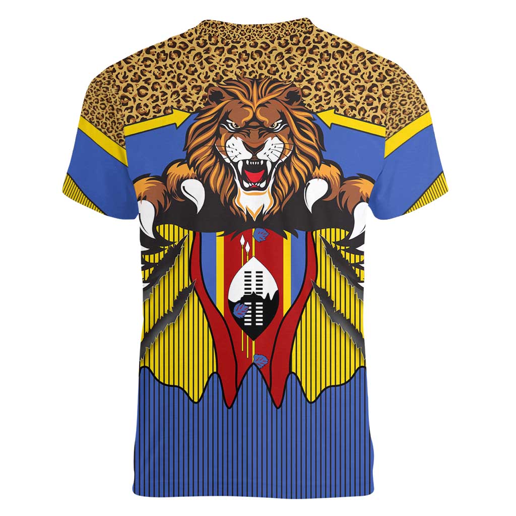 Swaziland Women V-Neck T-Shirt Coat of Arms Lion Elephant Shield Leopard Print Design