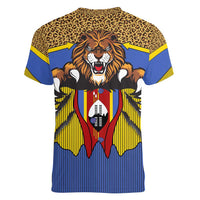 Swaziland Women V-Neck T-Shirt Coat of Arms Lion Elephant Shield Leopard Print Design