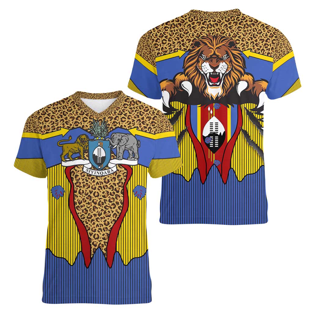 Swaziland Women V-Neck T-Shirt Coat of Arms Lion Elephant Shield Leopard Print Design