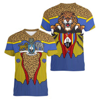 Swaziland Women V-Neck T-Shirt Coat of Arms Lion Elephant Shield Leopard Print Design