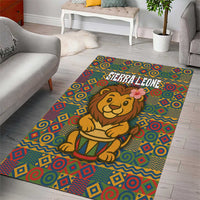 Sierra Leone Area Rug with Cute Lion Playing Djembe Drum and Tribal Pattern Design