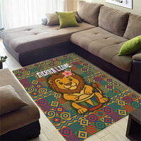 Sierra Leone Area Rug with Cute Lion Playing Djembe Drum and Tribal Pattern Design