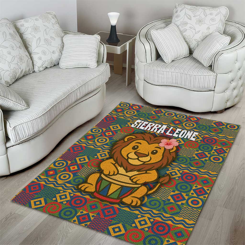 Sierra Leone Area Rug with Cute Lion Playing Djembe Drum and Tribal Pattern Design