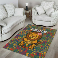 Sierra Leone Area Rug with Cute Lion Playing Djembe Drum and Tribal Pattern Design