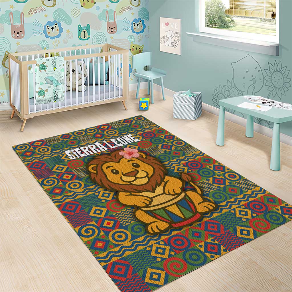 Sierra Leone Area Rug with Cute Lion Playing Djembe Drum and Tribal Pattern Design