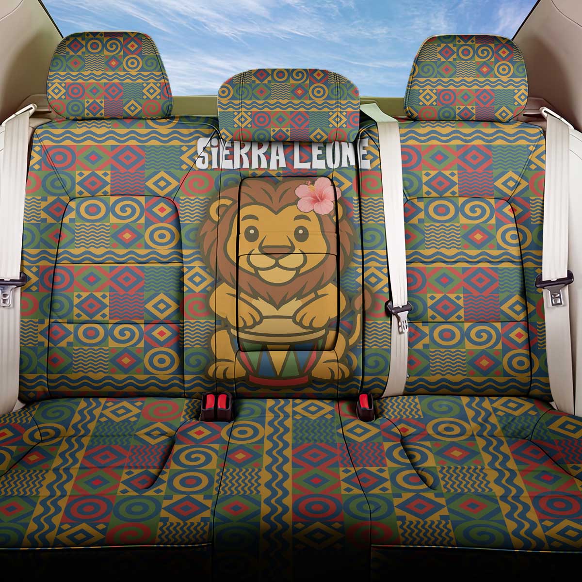 Sierra Leone Back Car Seat Cover with Cute Lion Playing Djembe Drum and Tribal Pattern Design
