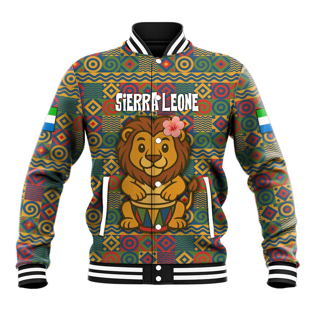Sierra Leone Baseball Jacket with Cute Lion Playing Djembe Drum and Tribal Pattern Design