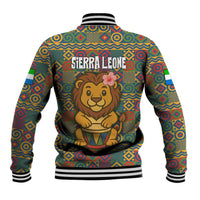 Sierra Leone Baseball Jacket with Cute Lion Playing Djembe Drum and Tribal Pattern Design